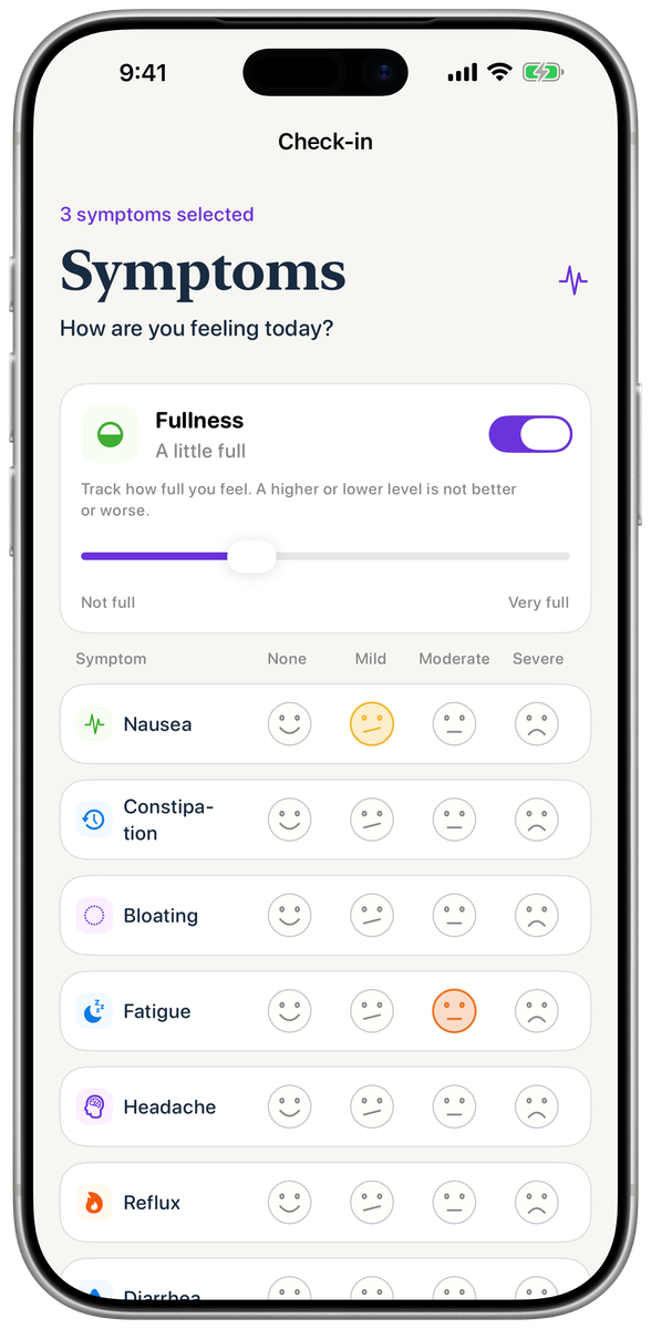 Gila Guide symptom check-in with fullness and nausea selected